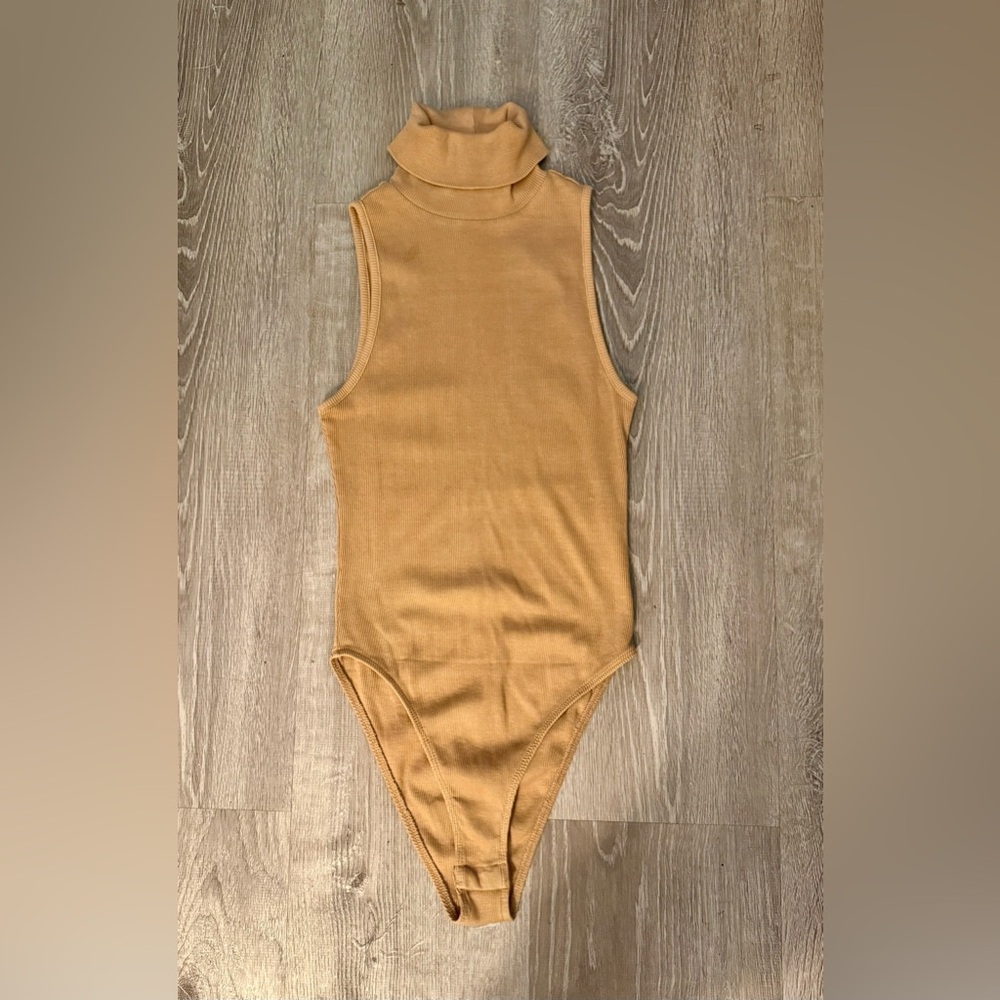 Zara Turtleneck Ribbed Sleeveless Bodysuit - Tan